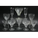 A 19th century cut-glass rummer with engraved grapevine border, 5¾”; a pair of 5” ditto; two odd