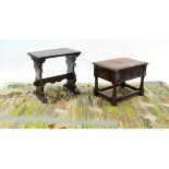 A reproduction carved oak box-seat stool on turned legs with plain stretchers, 19" wide; an oak