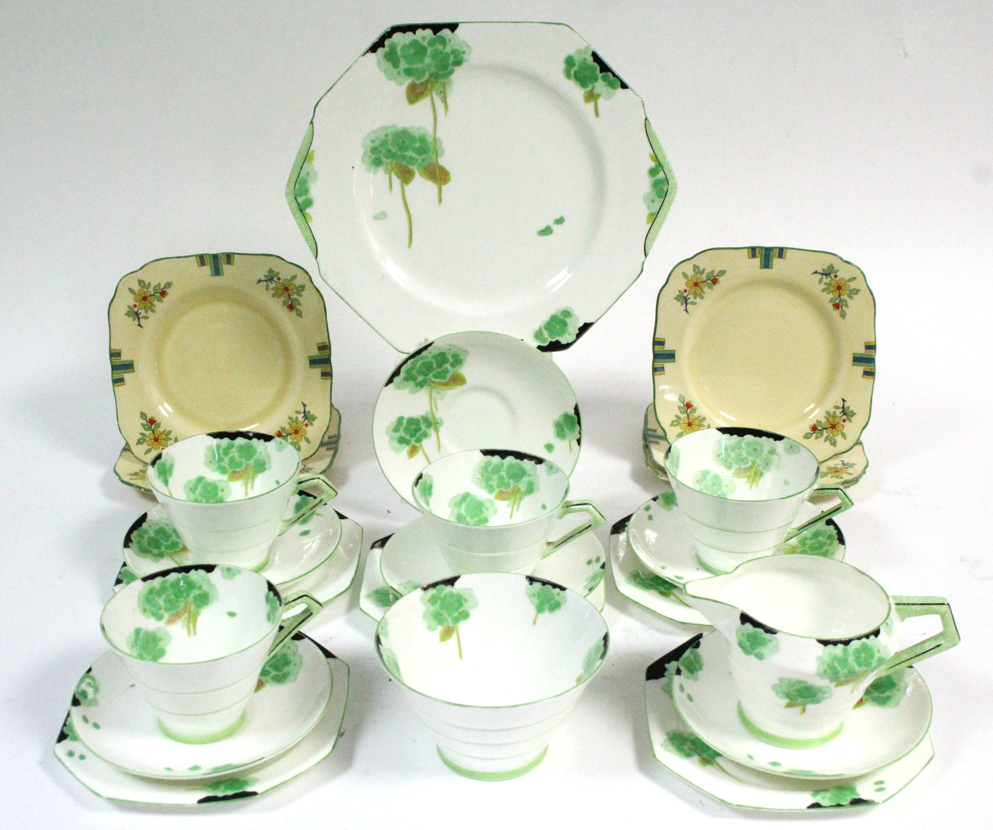 A Paragon Hand Painted china Hydrangea pattern eighteen-piece part tea service; & five Mintons 6"