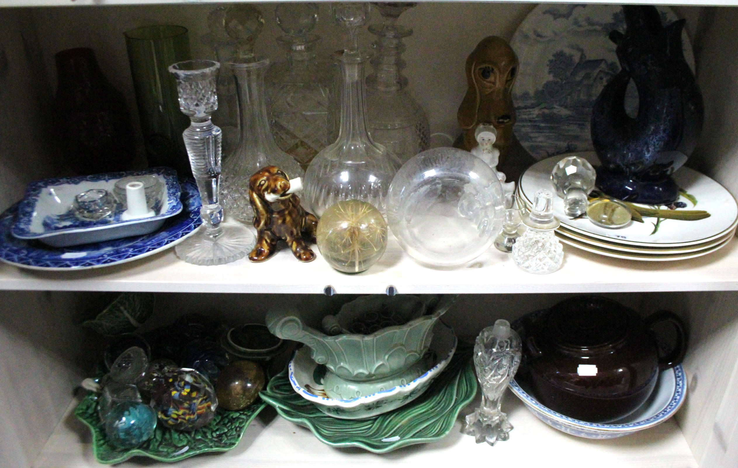 Six glass decanters; eight glass paperweights; & various other items of glassware, pottery, &