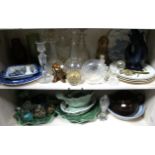 Six glass decanters; eight glass paperweights; & various other items of glassware, pottery, &