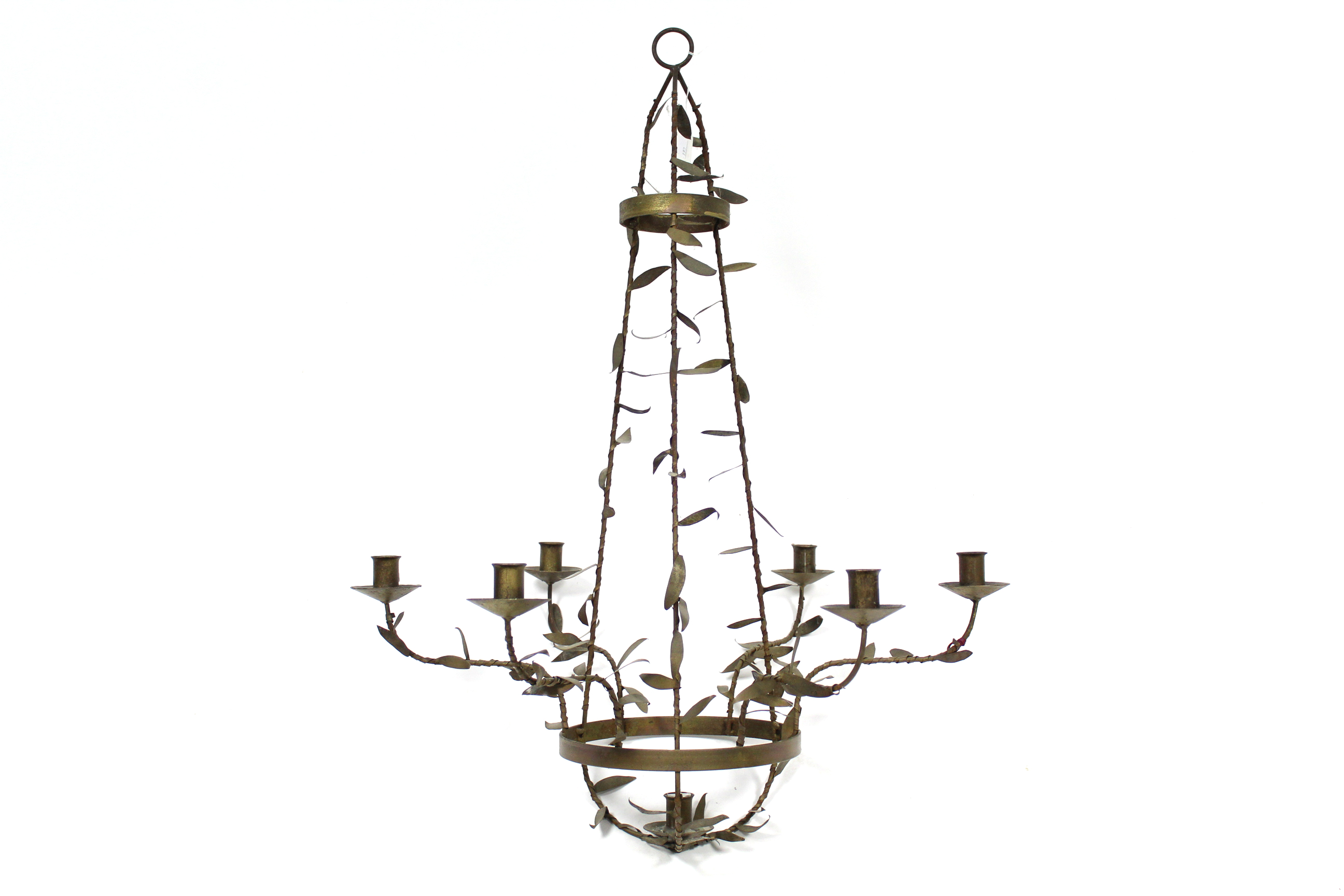 A wrought-metal six-branch ceiling light fitting of foliate design, 26" wide x 32½" high; & five - Image 2 of 2