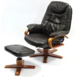 A dark brown leather swivel & reclining easy chair; & a matching foot stool.