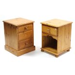 A pine three-drawer bedside chest; & a pine bedside cupboard, both 17" wide