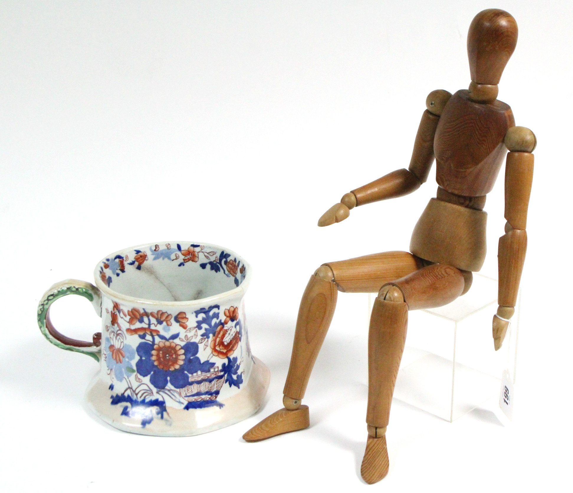 An artist's pine lay figure, 20" high; & a Mason's ironstone china floral decorated cider mug, 5"