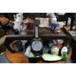 A copper circular kettle, 11¾" high; an aneroid wall barometer; various items of cutlery, etc.