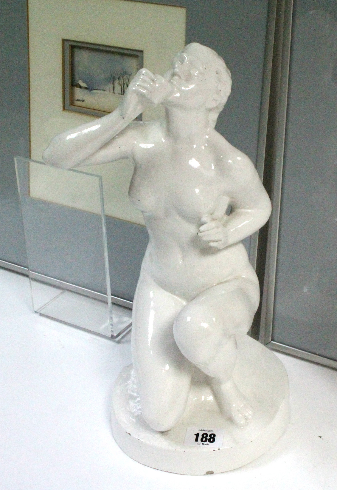 A white glazed pottery nude female figure, 13" high; & four decorative pictures, each in glazed - Bild 2 aus 9