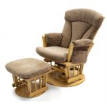 A beech swivel-action rocking chair & matching foot stool.