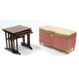 A pink & gold painted loom blanket box; a mahogany nest of three rectangular occasional tables; &