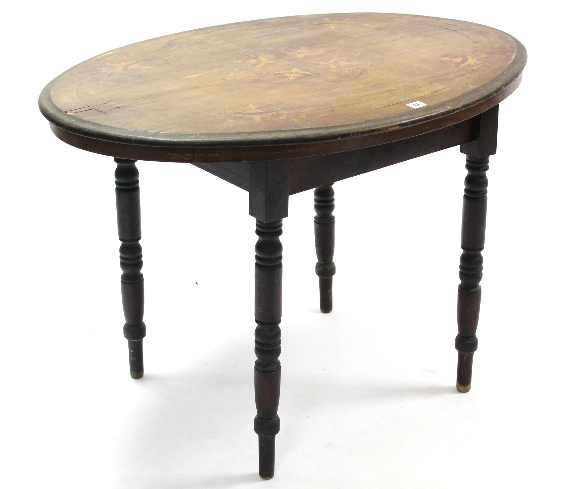 An inlaid walnut oval centre table on turned tapered legs, 41” x 28¾”; together with two tea