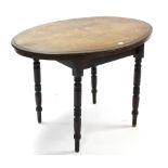 An inlaid walnut oval centre table on turned tapered legs, 41” x 28¾”; together with two tea