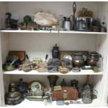 A brass hand bell with treen handle; a pair of carved wooden "bear" bookends; & sundry other items.