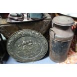 A milk churn; a brass embossed wall plaque; a pair of binoculars; & sundry other items.