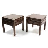 A pair of Chinese teak square low coffee tables, each fitted frieze drawer, & on square legs, 21"