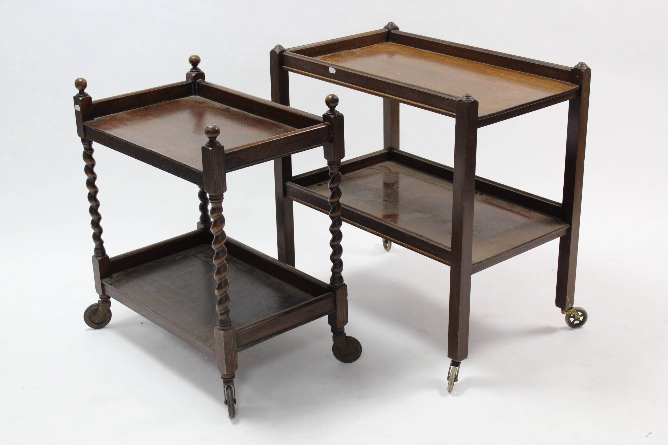 An inlaid walnut oval centre table on turned tapered legs, 41” x 28¾”; together with two tea - Image 2 of 2