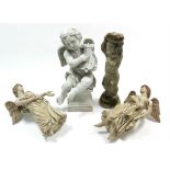 A white-finish plaster cherub ornament, 28½" high; two similar angel figures, 22" high; & a cast-