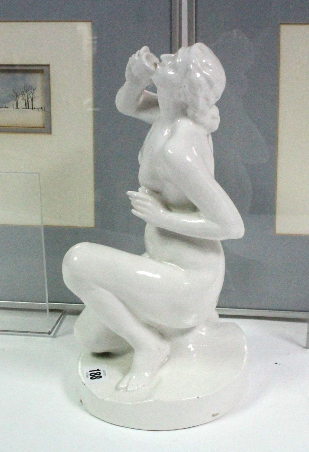 A white glazed pottery nude female figure, 13" high; & four decorative pictures, each in glazed - Bild 3 aus 9