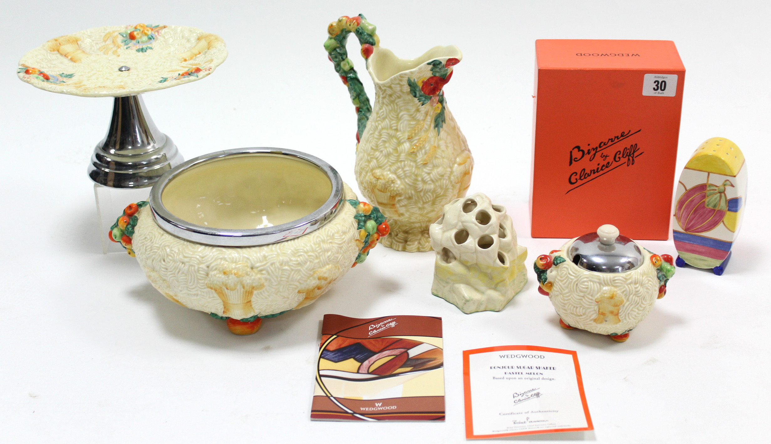 Four items of Clarice Cliff "Celtic Harvest" pattern ware; a ditto "Fantasque" pattern posy