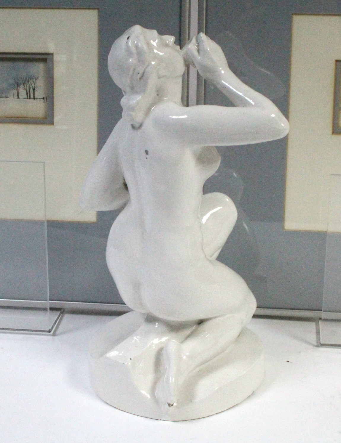 A white glazed pottery nude female figure, 13" high; & four decorative pictures, each in glazed - Bild 4 aus 9