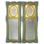 A pair of French green & gold painted gesso narrow rectangular wall mirrors, each inset bevelled