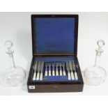 A set of twelve Victorian engraved plated dinner knives & forks with mother-of-pearl handles, & in