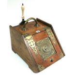 A Victorian walnut & brass-bound sloping-front coal scuttle, 12¼" wide, complete with shovel &