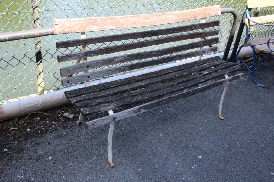 A teak slatted & white painted wrought-iron garden bench, 73½” long; a similar smaller garden bench, - Image 2 of 2