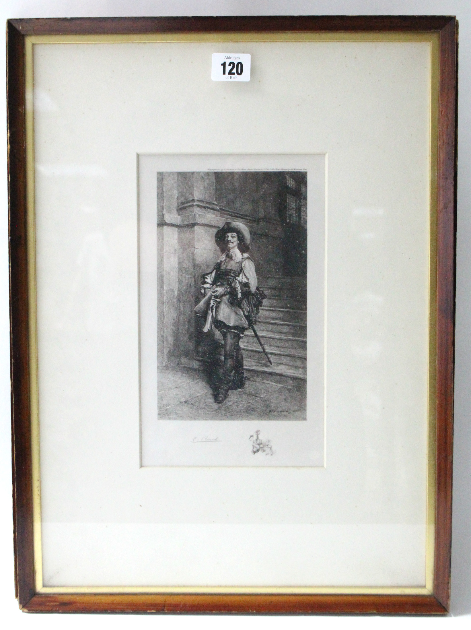 A pair of black & white etchings by L. Ruet, of cavaliers, 10" x 5¾"; & three small coloured