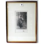A pair of black & white etchings by L. Ruet, of cavaliers, 10" x 5¾"; & three small coloured