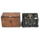 A 19th century black lacquered two-division tea caddy with mother-of-pearl inlaid & gold painted