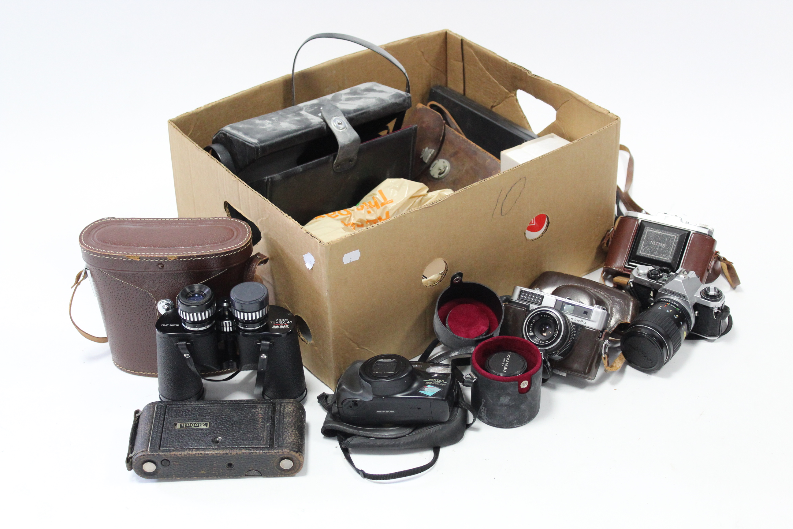 A pair of Swift 7X-12X zoom binoculars, with case; together with six various cameras; & various