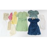 Various girl’s dresses; & a silk-lined cream woollen coat – circa 1930’s or earlier.