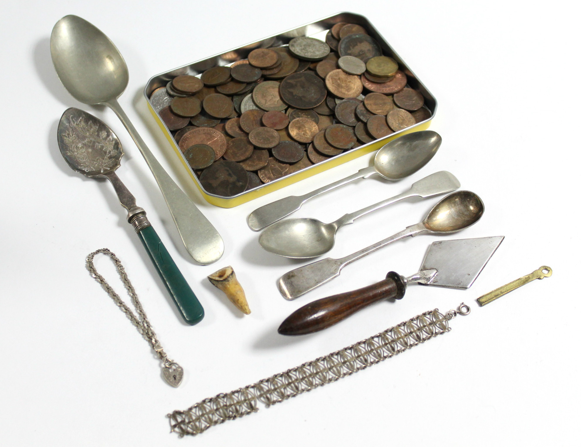 A carved camphor wood trinket box, 6½” wide; together with various coins; various items of plated