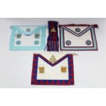 Four Masonic regalia medals; four ditto aprons; & various other Masonic regalia items, contained