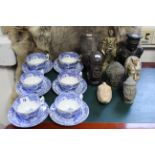 Six Spodes blue & white “Italian” pattern teacups; ten ditto saucers; six various bust ornaments;
