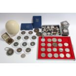 Various British & foreign coins, commemorative crowns, etc., & an Ostrich egg.