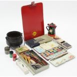A Reeves “No 23” student’s colour box; various drawing implements; a commodore solid state