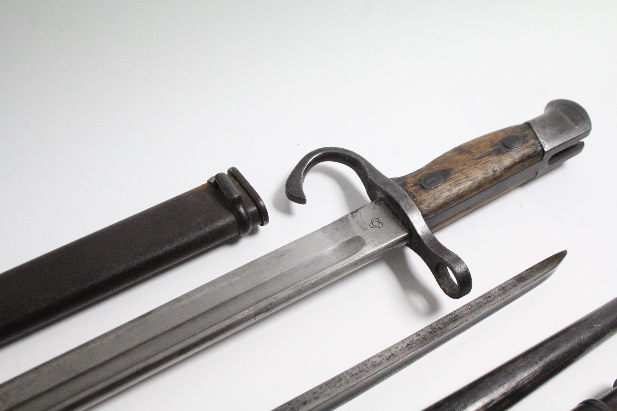 A WWII rifle bayonet with 15½” long single-edge curved blade, with treen grip, & with steel - Image 2 of 5