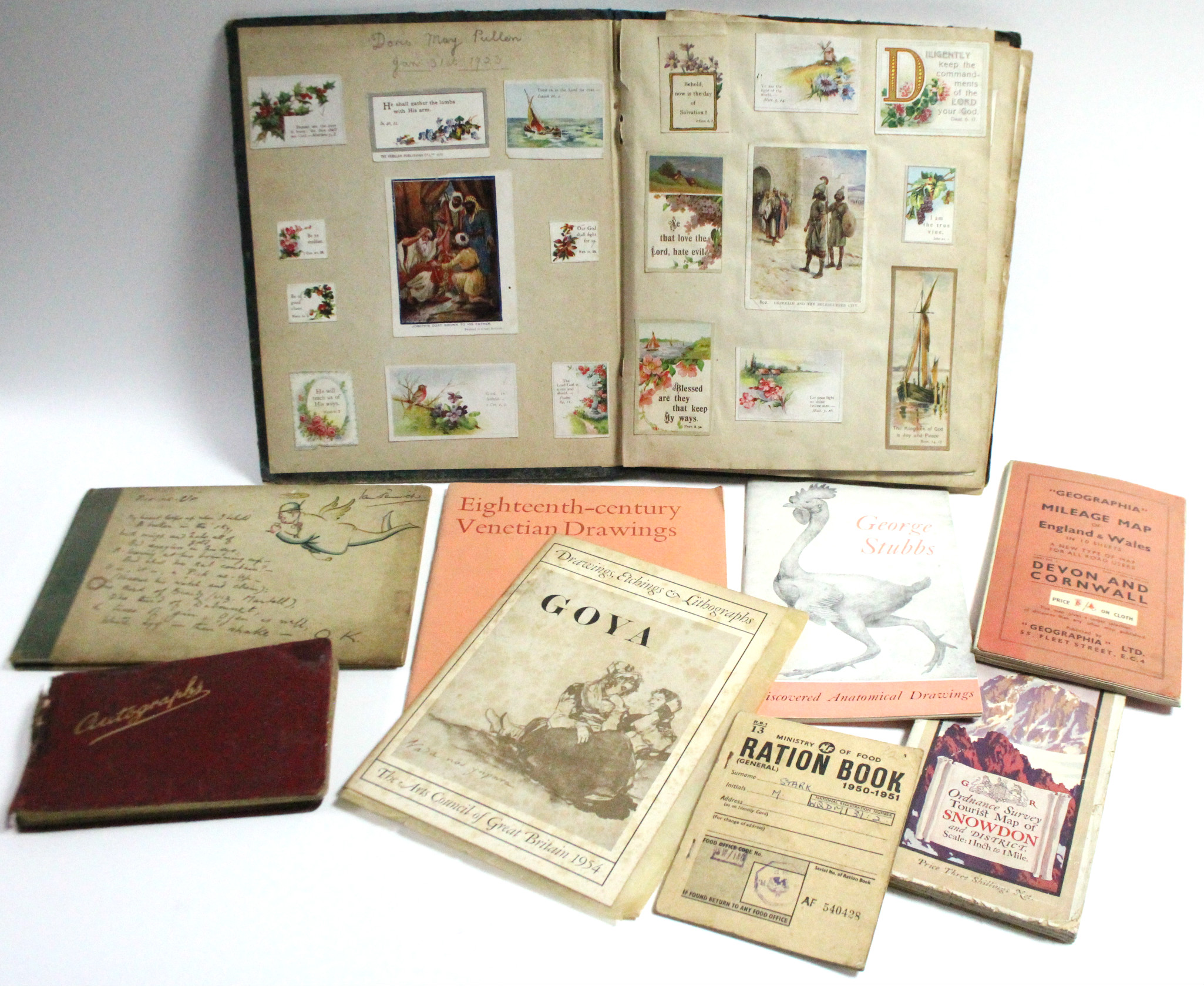 An early 20th century scrap album; & various vintage books; illustrations, etc.