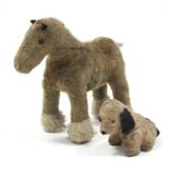 A mid-20th century Merrythought Hygienic golden plush horse soft toy, 5” high *PLEASE NOTE* THE DOG