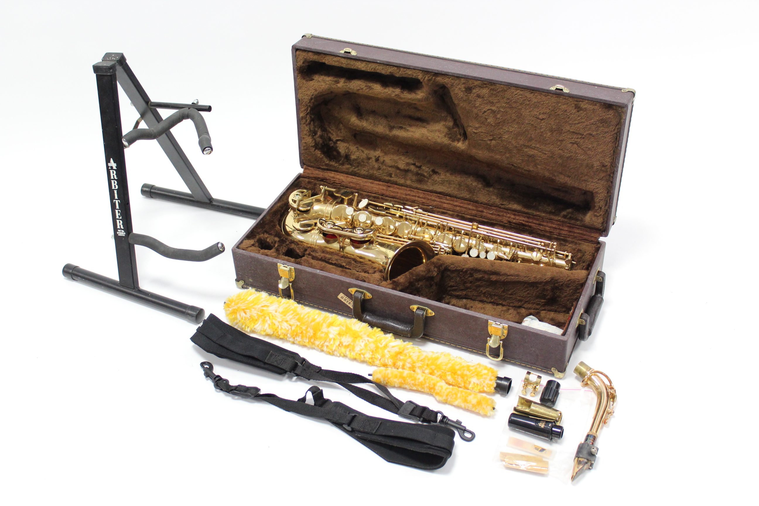 A Marcato brass saxophone, with case & stand.