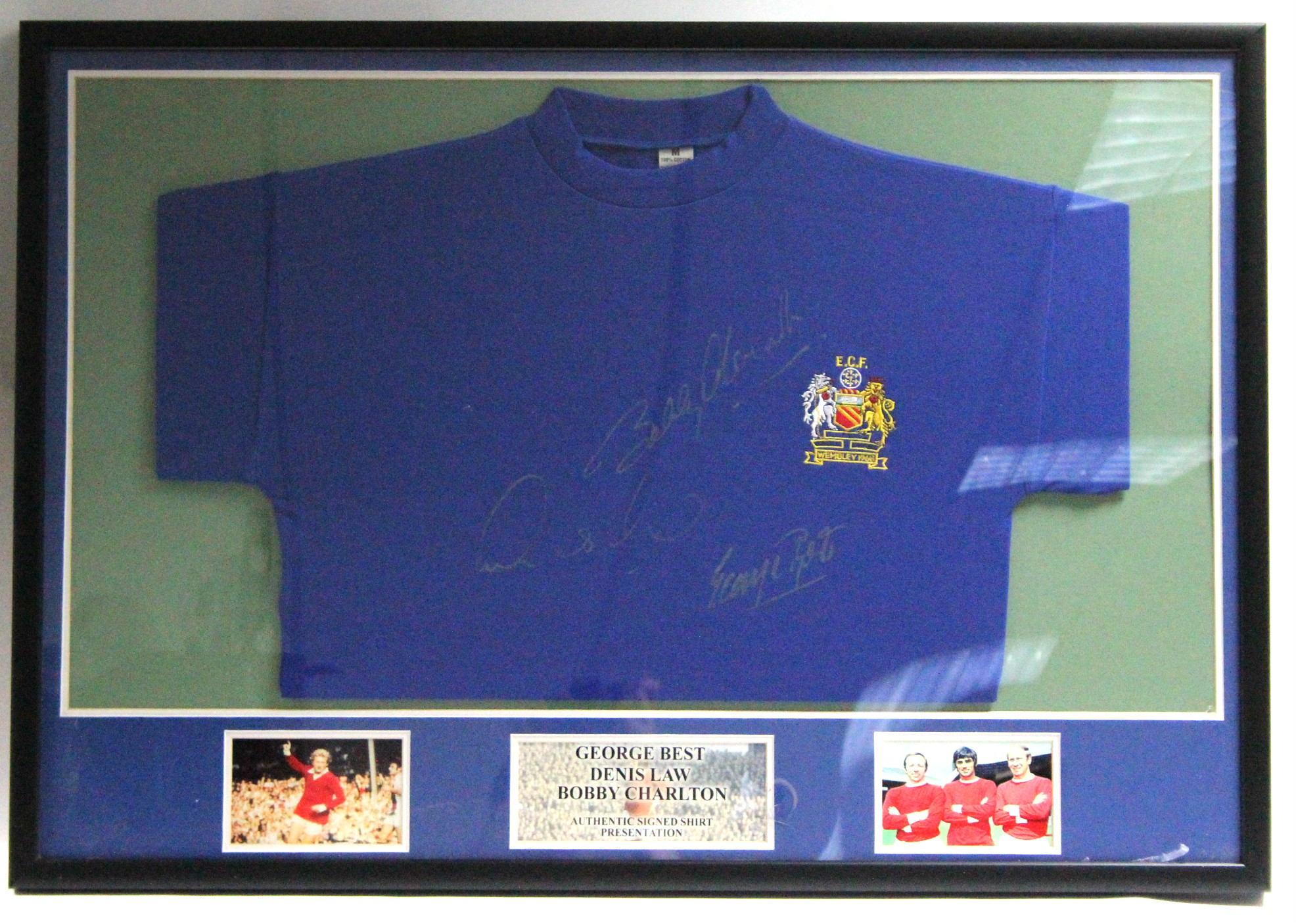 A Rye By Post “George Best, Denis Law & Bobby Charlton” 1968 Authentic Signed Shirt Presentation,