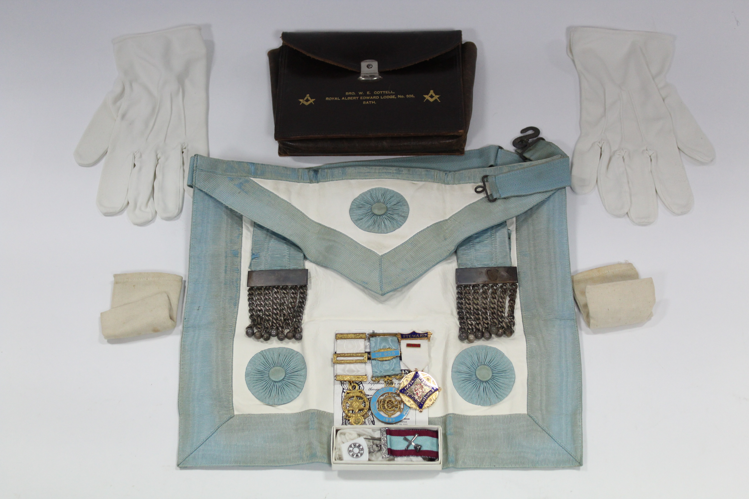 Four Masonic regalia medals; four ditto aprons; & various other Masonic regalia items, contained - Image 2 of 7