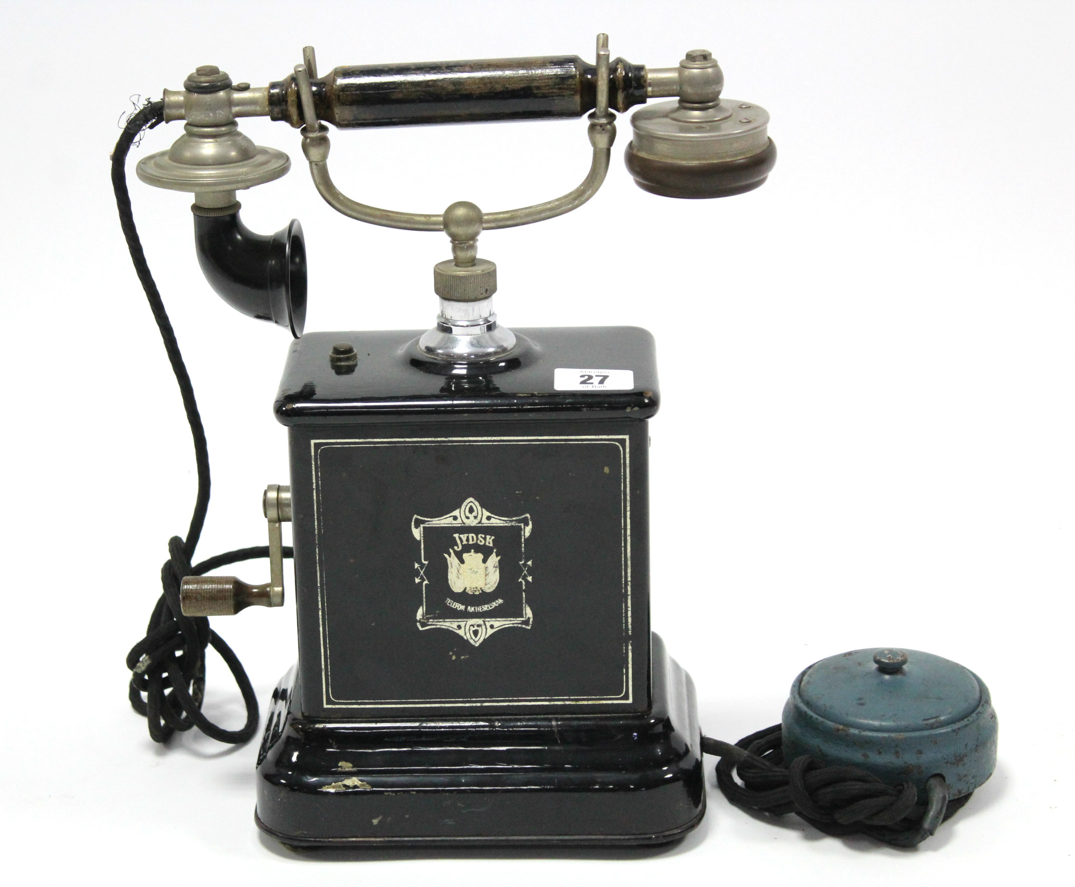 An antique Jydsk (Danish) wind-up telephone in black finish case, 13” high.