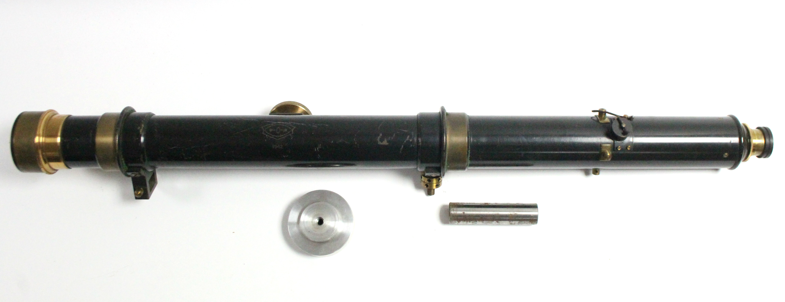 A WWII black lacquered sighting telescoping with brass fittings, 29½” long, in fitted case. - Image 2 of 8