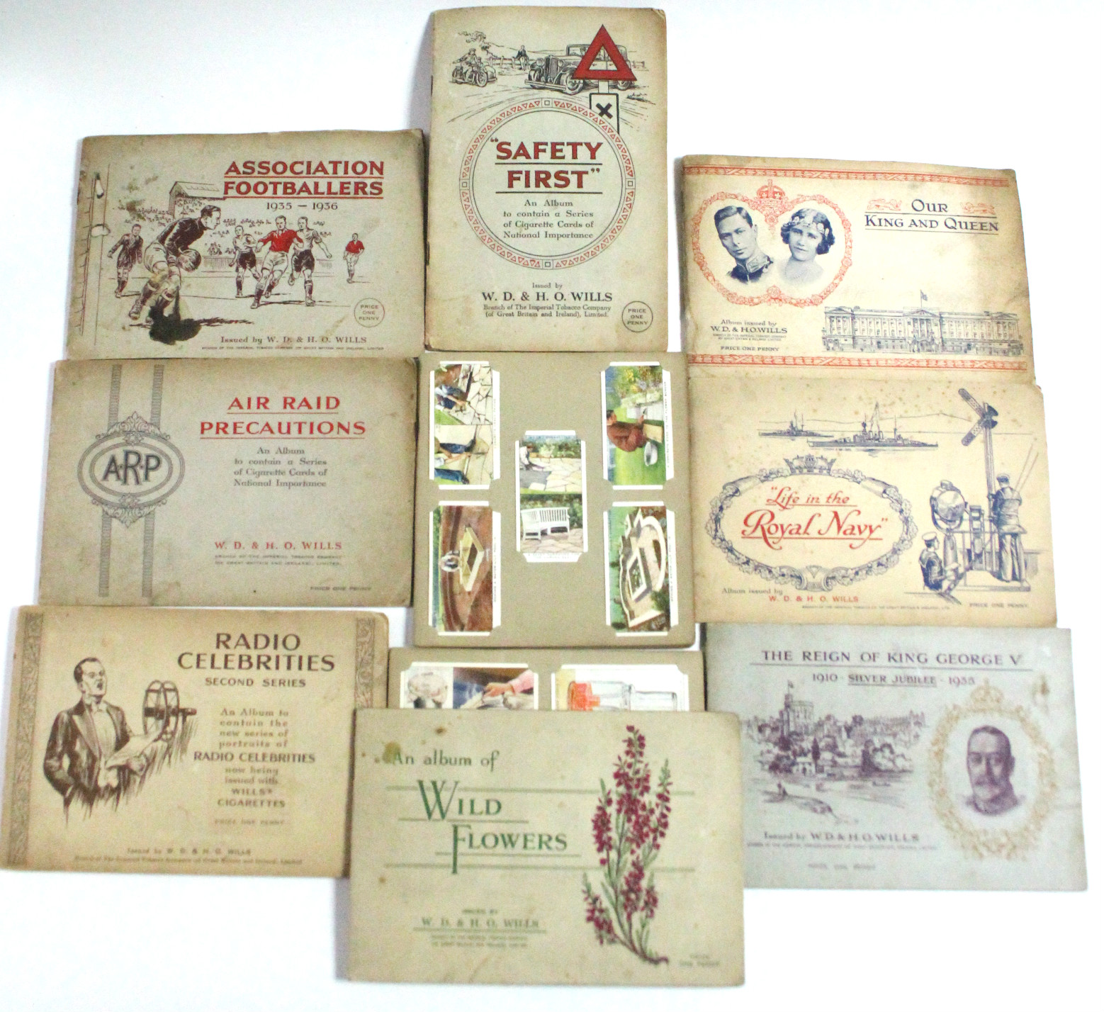 Ten sets of W. D. & H. O. WILLS cigarette cards, in albums & album pages, circa 1930’s.