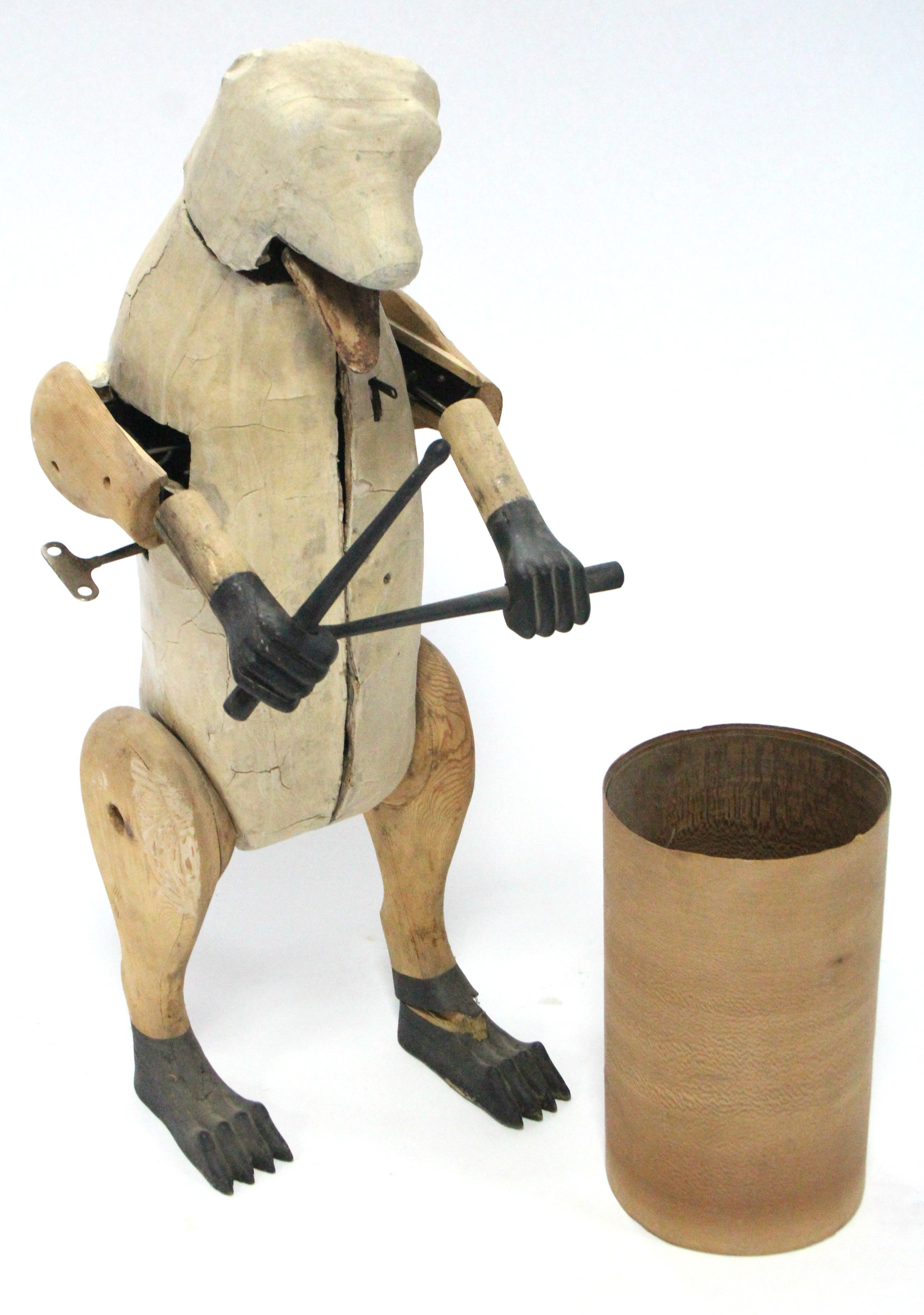 AN ANTIQUE FUR-COVERED AUTOMATON DRUMMER BEAR, complete with drum, 33” tall, w.a.f.