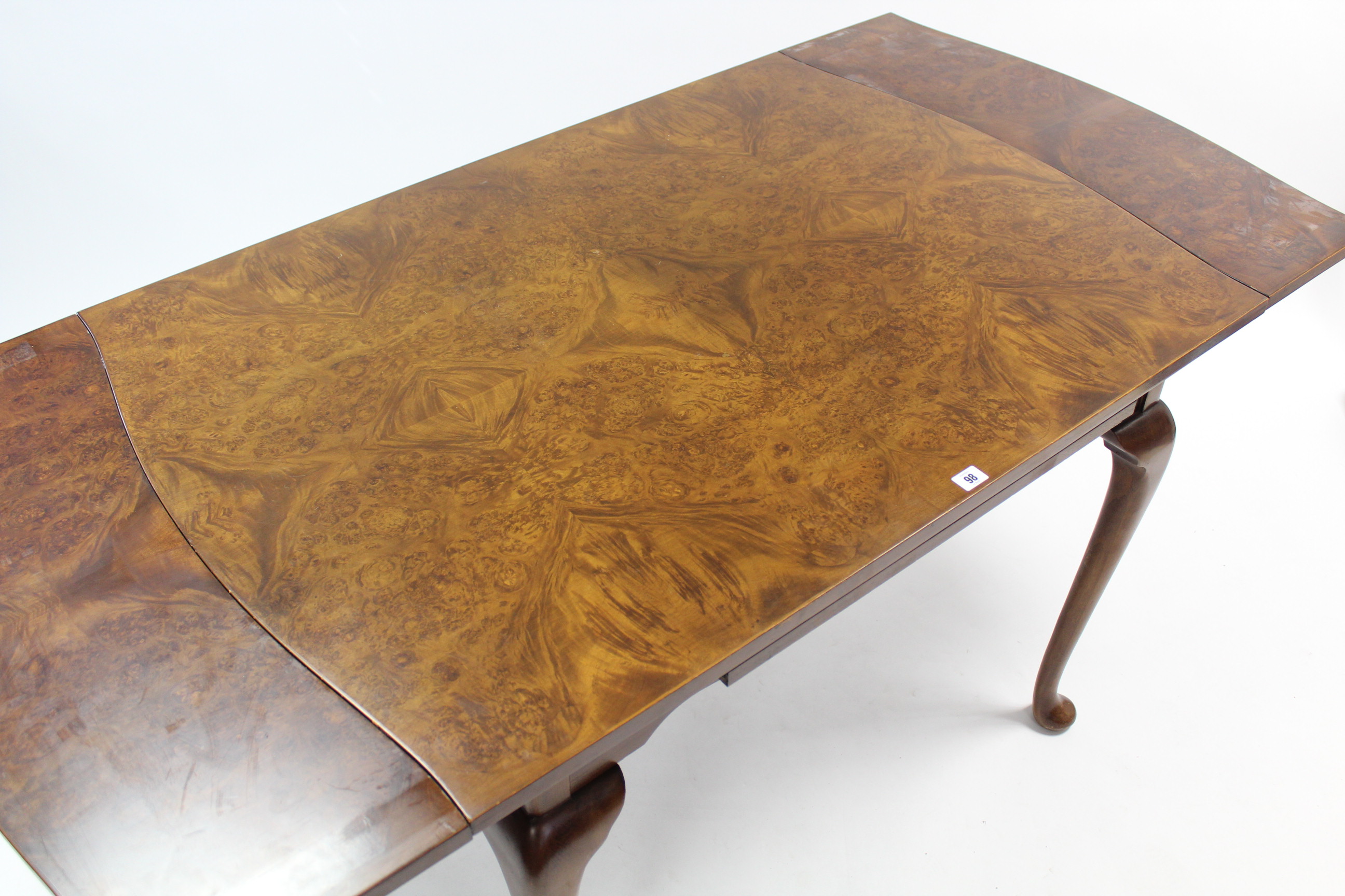 A burr-wood draw-leaf dining table on slender cabriole legs & pad feet, 33” x 67” (open), & a - Image 4 of 4