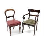 A Georgian mahogany bow-back carver chair with padded drop-in-seat, & on sabre legs; a Victorian