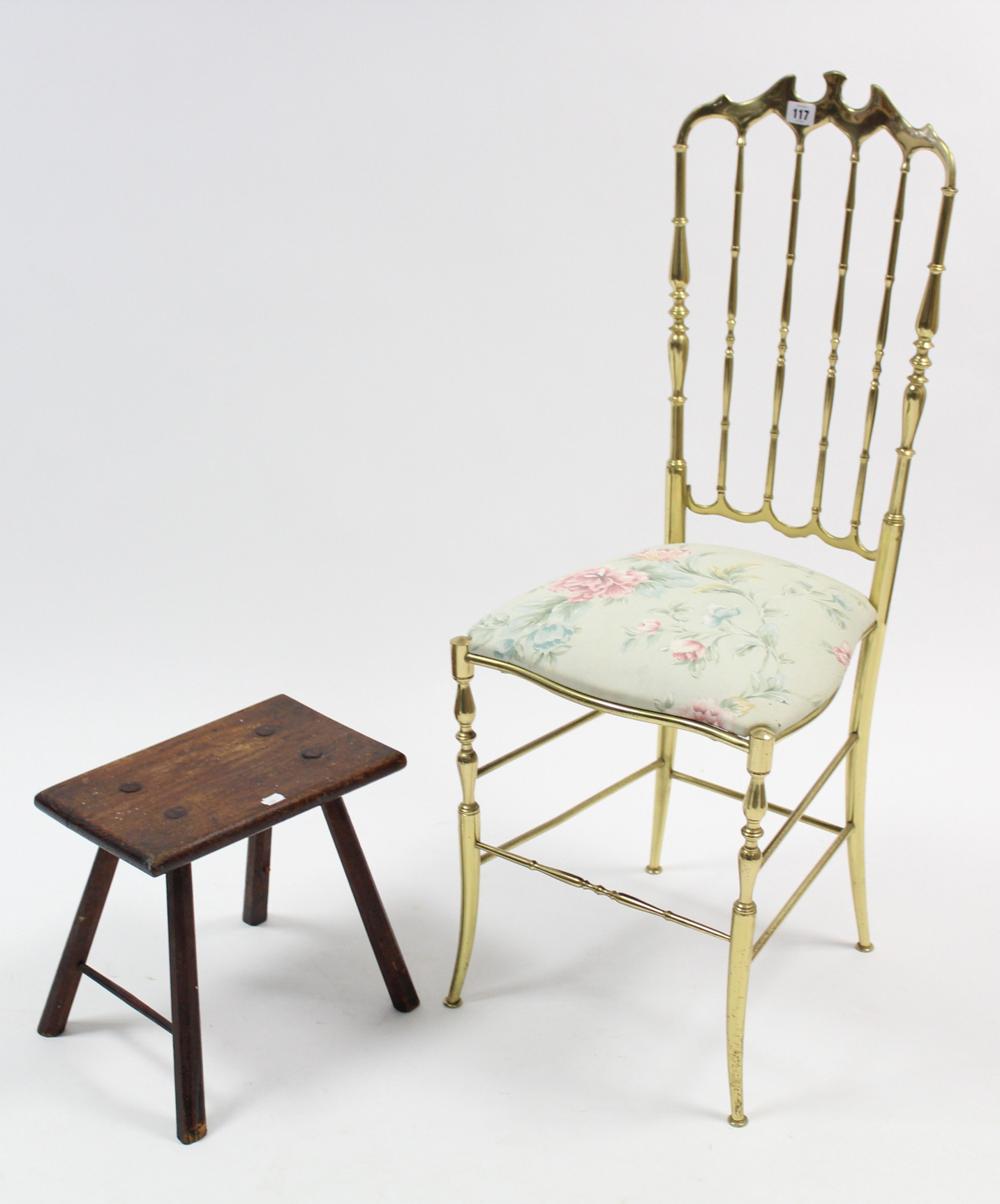 A brass spindle-back occasional chair with padded seat & on shaped legs; & a rustic-style stool with